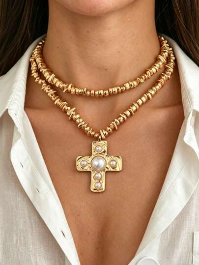 2pcs Vintage Design Irregular CCB Beaded Necklace, Fashion Versatile Cross Inlaid Faux Pearl Pendant Necklace, Suitable For Daily Wear, Shopping, Party And Gathering