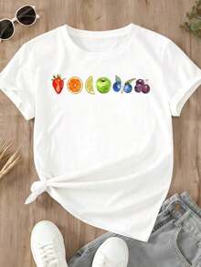 Women's Short-Sleeved T-Shirt With Round Neck And Fruit Print (Strawberry, Orange, Lemon, Apple, Blueberry, Plum), Casual And Loose Style, Ideal For Everyday Wear And Summer Outfits - Urban Vintage Style, Unisex, Cotton, Loose Fit, With Round Neck And Short Sleeves. - 白色 - 查看 3