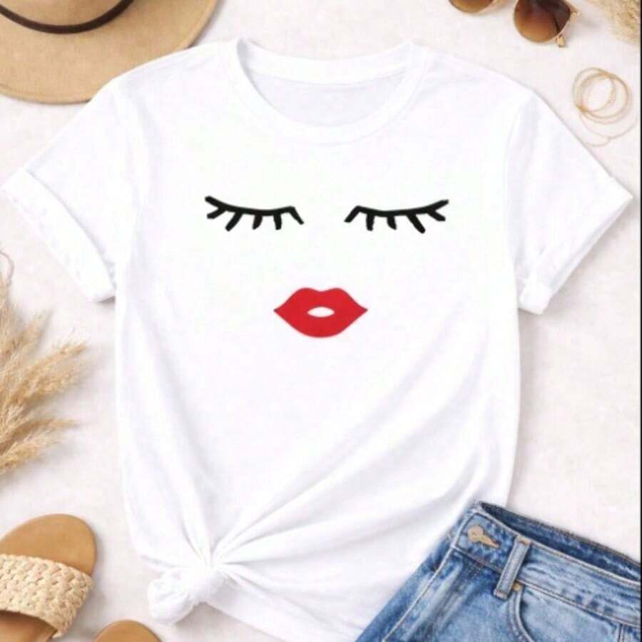 Collection Of Pretty Printed T-Shirts, 100% Cotton For Women, Basic Everyday T-Shirt, Short Sleeve, Casual And Elegant Top, Bow And Heart Prints, Fun Fashion T-Shirt, Aesthetic Summer Set, Gift For Her - Urban Vintage Style, Unisex Loose Cotton Short Sleeve Round Neck T-Shirt, Blouses For Women, Women's T-Shirts, Casual Blouses For Ladies. - 白色 4 - 查看 1