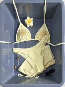 Conjunto de traje de baño de vacaciones para mujer, conjunto de vacaciones de verano para mujer, conjunto de playa para mujer - Amarillo - Ver 3