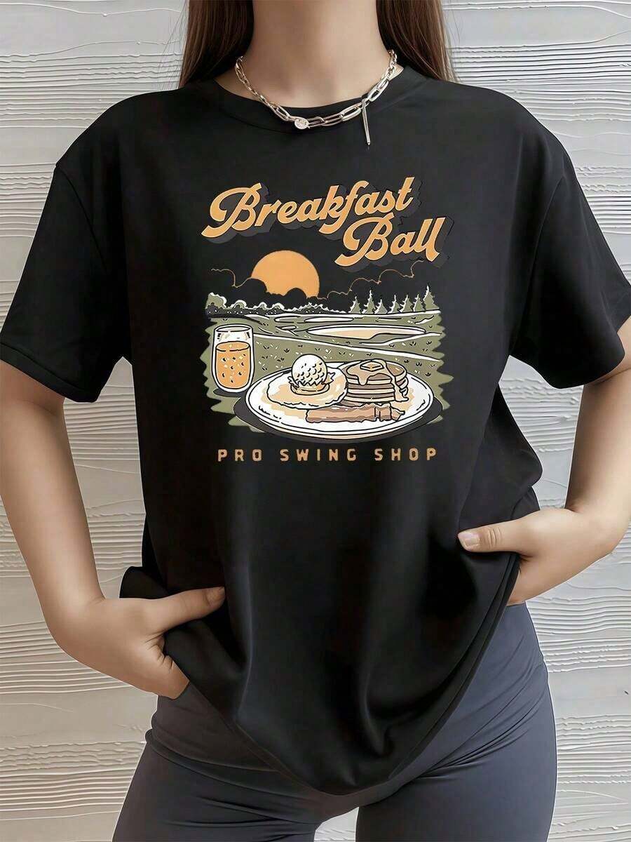 A Warm Sunrise With Breakfast Outdoors Next To A Green Field Conveys Positive Energy And Calm, Recalling Happy Morning Moments. Women's Casual, Modern, Comfortable T-Shirt For Everyday Wear. Cotton Women's T-Shirt, Breathable And Sweat-Absorbent Summer Short Sleeve - 黑色 - 查看 1