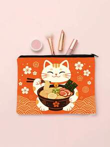 招财猫吃拉面图案化妆包，日式食品招财猫拉链袋 - 彩色 - 查看 2