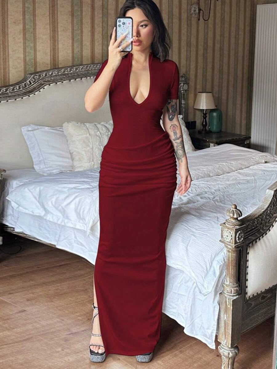 Short Sleeve Dress With Pleated Design For Girls - Burgundy - View 1