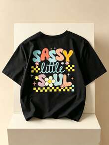 Single Garment Set, Not A 3-Piece Set, 1 Piece/Set Of Short-Sleeved T-Shirts Suitable For Streetwear, Top Oversized Round Neck Daily Outings, Camping, Concerts, Hip-Hop, Rock, And Rap Events Short-Sleeved T-Shirts With Round Neck And Floral Print For Girls, Summer Clothes For Young Students. - 黑色 - 查看 2