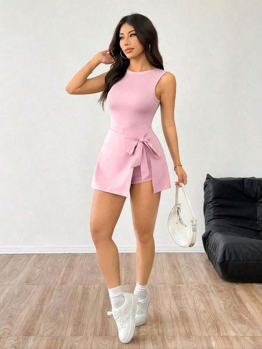 Mono de mujer de unicolor, minimalista, sin mangas para uso diario - Rosa - Ver 1