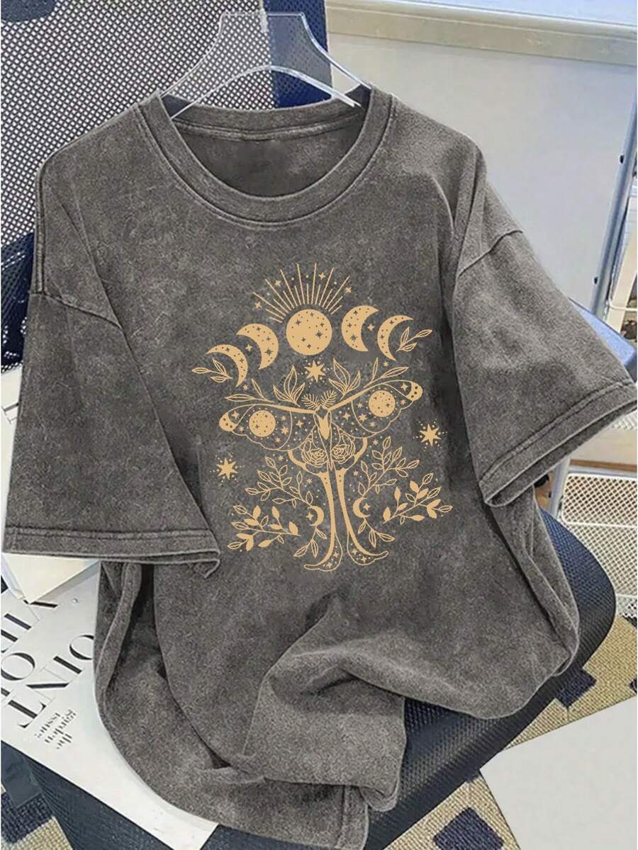 Women's T-Shirt: A High-Quality, Modern Printed T-Shirt Made Of Pure Cotton, Vintage Brand, Popular For Everyday Wear, A Holiday Gift, The Perfect Present - 230g Washed Cotton T-Shirt For Casual Wear. - 灰色 - 查看 1