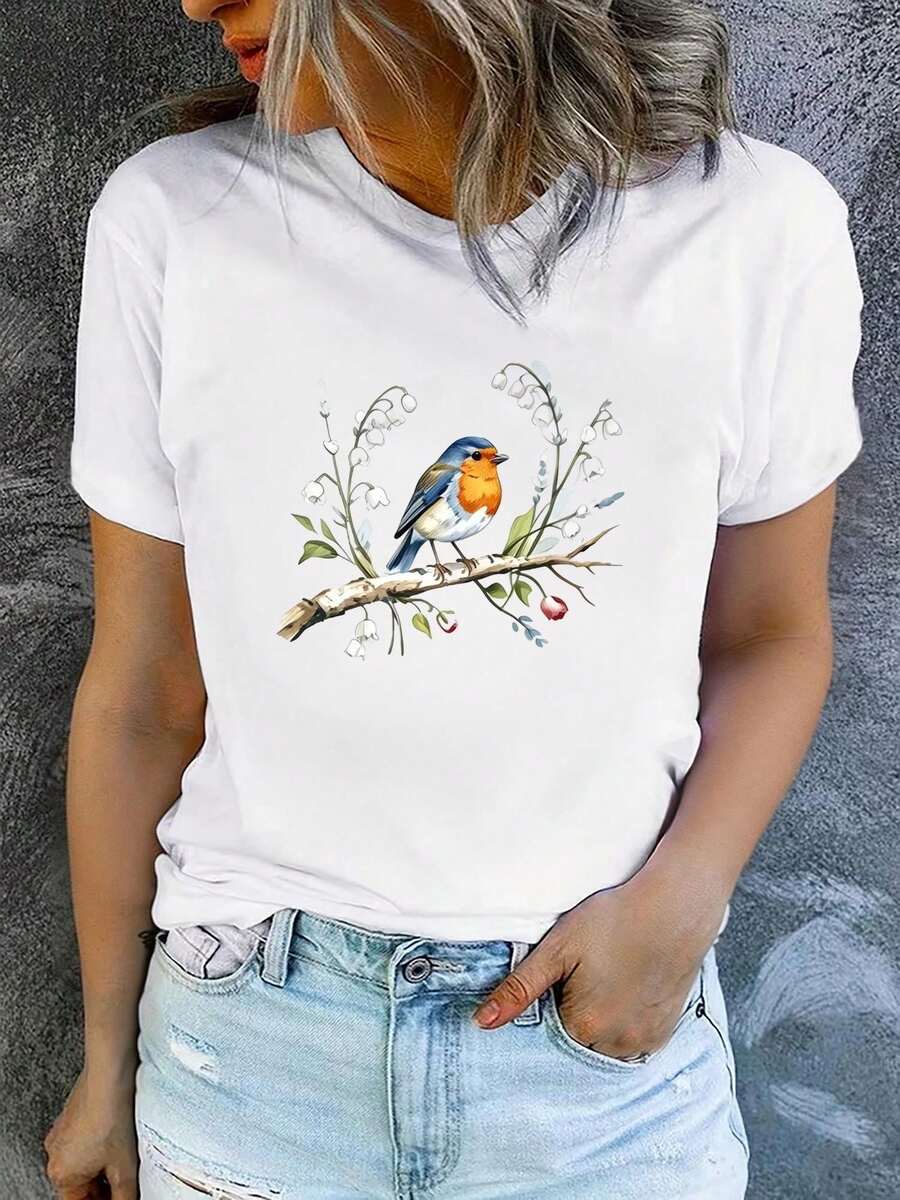 Camiseta de verano para mujer, de manga corta y estampada, moderna y casual, lavable a máquina, ajuste cómodo, estampado plano 2D. I8G5 - Blanco_01 - Ver 1