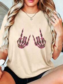 Camiseta gráfica de corte relajado con estampado de gesto de mano de esqueleto, ropa urbana grunge de estética Y2K para mujer, top casual de algodón de verano para amantes de la moda atrevida, camiseta estilo punk rock para uso diario y diseño único para hombres y mujeres. 100% algodón. - Albaricoque - Ver 6
