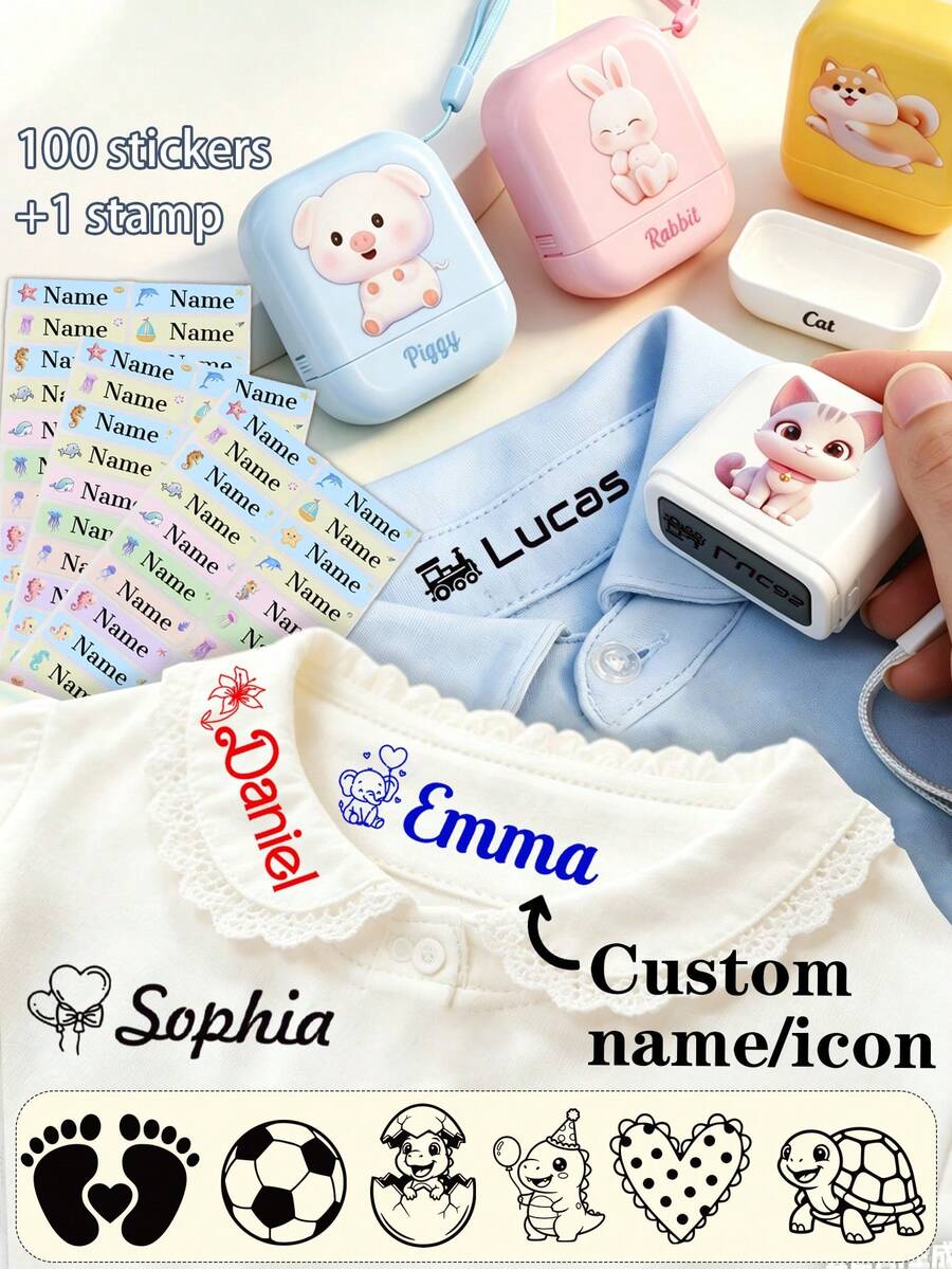Bộ 1 con dấu tên tùy chỉnh + 100 nhãn dán tên, con dấu tên tùy chỉnh chống thấm nước cho quần áo, đồ dùng học tập, con dấu chữ ký tùy chỉnh, con dấu tên có dây buộc cá nhân hóa, con dấu tên tự động đóng mực DIY tùy chỉnh, quà sinh nhật, quà tặng tựu trường, quà tốt nghiệp. - phong cách A - Xem 1