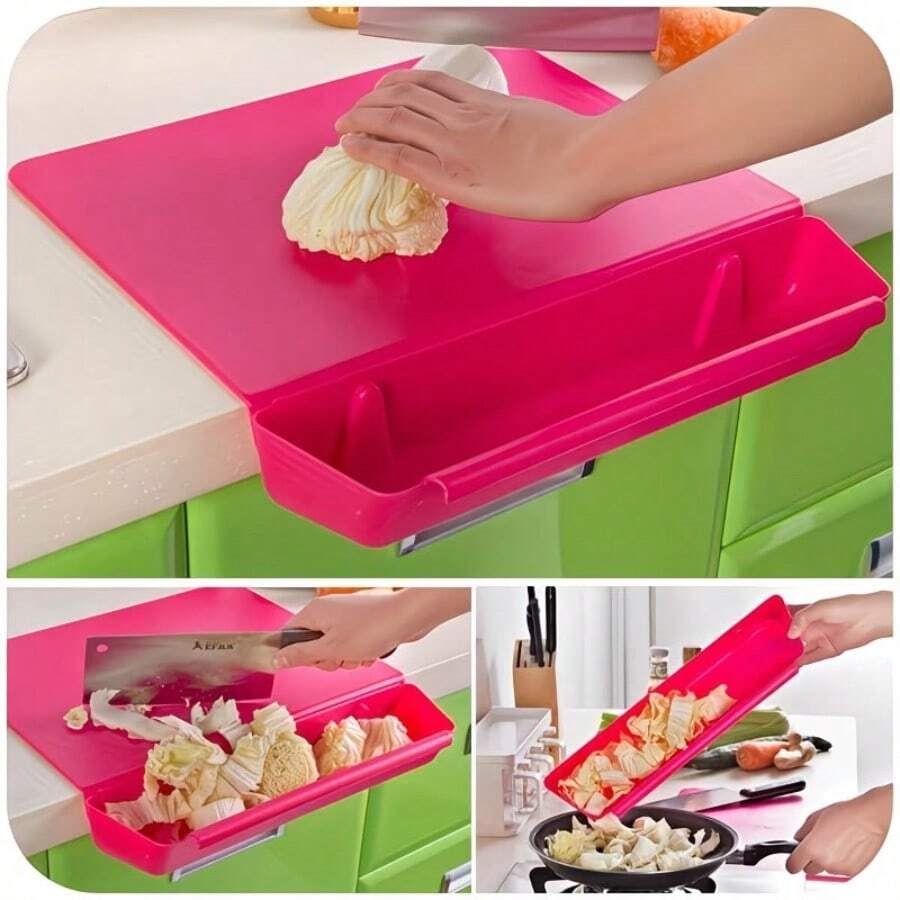 1-In-1 Anti-Slip Chopping Board And Food Storage Container - Heavy-Duty Movable Chopping Board, Knife Slot, For Indoor/Kitchen, Camping, Picnic Use, Pink/Black Design - Space-Saving Durable Kitchen Gadget, Kitchen Organizer And Storage