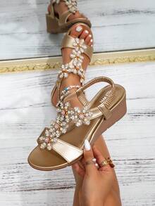 Sandal đính đá hình hoa, dép đế xuồng cao gót kiểu boho mùa hè mới dành cho nữ. - Rượu sâm banh - Xem 15