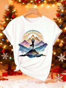 Soft 100%cottonSoft 100%cottonT-shirtCamiseta gráfica Yoga Mountain de algodón suave, corte holgado, transpirable, estilo urbano hip-hop, estampado artísticoBreathable Cotton Tee, All Matchcoolcool - Blanco - Ver 2