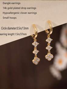Bông tai mặt dây chuyền hình cỏ bốn lá mạ vàng 14K, kiểu dáng dài thanh lịch dành cho nữ, trang sức cô dâu dự tiệc. - Vàng - Xem 5
