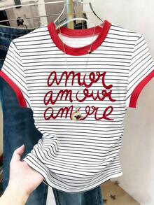 Camiseta ajustada de mujer con estampado de letras, silueta estilizante, estilo casual/al aire libre, nueva llegada de verano, color rojo - Multicolor 2 - Ver 6