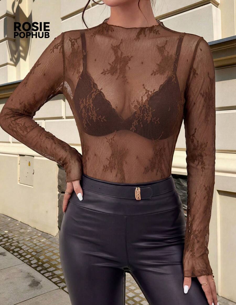 ROSIE POPHUB Women's Light Brown Sheer Lace Blouse, Elegant For Parties And Holidays, Fitted Silhouette, Layered Design, New Spring/Summer Collection - Brown - View 1
