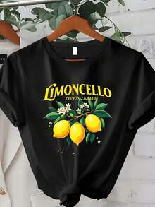 Camiseta con estampado de licor de limón - Camiseta 100% casual de verano con estampado de limones, diseño de licor de limón y rodajas de limón, cómoda, holgada, de cuello redondo y manga corta, color negro, adecuada para amantes del licor italiano, ropa casual de primavera/otoño, ropa de otoño, moda de primavera, estampado cítrico, camiseta ligera, tela transpirable, camiseta estampada para mujer. - Negro - Ver 8