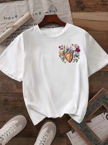 T-shirt med hjärta- och blomstermönster, kortärmad, rund hals, ledig topp för sommar och vår, damkläder, semesterkläder, vit sommaroutfit för kvinnor. - Weiss - Visa 2