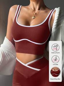 1pc Cross Strap Contrast Color Sports Bra Glowmode Workout - Burgundy - View 3
