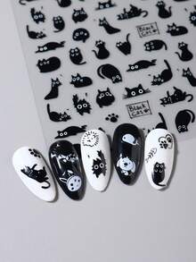 2 miếng nhãn dán nghệ thuật móng tay 3D mèo đen dễ thương Halloween hoạt hình mèo tối tự dính trang trí móng tay Y2K mèo dễ thương ngoan ngoãn DIY làm đẹp móng tay cho nữ - Đen và trắng - Xem 5