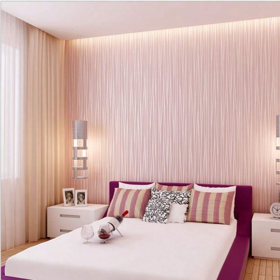 [Giấy dán tường nhung hiện đại] Giấy dán tường vải không dệt thời trang hiện đại, họa tiết nhung cây cổ điển, sọc trơn (Thích hợp cho phòng khách và phòng ngủ) - hồng - Xem 1