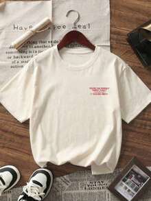 1 pieza Camiseta de mujer de manga corta y cuello redondo para verano, blanca con estampado de letras en inglés, corte holgado y casual, cómoda para usar en verano, adecuada para la playa, la calle, actividades diarias, el trabajo, la oficina, fiestas y otras ocasiones - Blanco - Ver 4