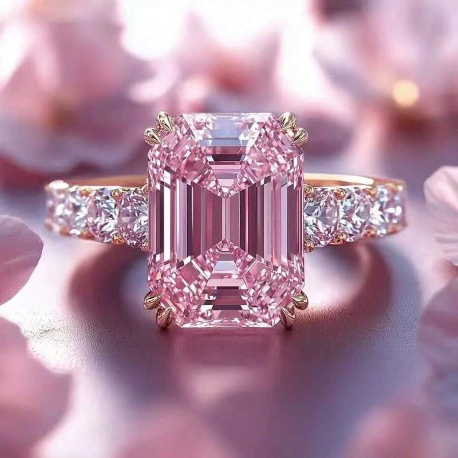[Boda elegante] Anillo de compromiso de zirconia rosa elegante, adecuado para mujeres - Engaste de oro rosa con decoración brillante, perfecto para propuesta, aniversario y regalo del Día de San Valentín, regalo de joyería romántica | Brillo exquisito | Decoración con incrustaciones - Anillo cuadrado - Ver 1
