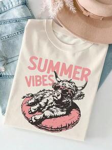 Y2K Style, Fashion Style, Newest Of 2026, Cute Style, Casual Style, Women's Blouses > Clothing. Women's Summer Slim Fit Casual T-Shirt With Graphic Print Of Sheep And English Letters, Western Cowboy Style 180g (Sizes S-XXXL) - 杏色 - 查看 5