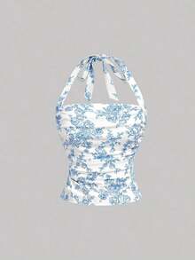 3 piezas Blusa de verano casual/de oficina/de vacaciones con estampado floral, fruncido y nudo delantero, blusa floral vintage, blusa casual, blusa para salir, playa, vacaciones de primavera, blusa de verano - Multicolor - Ver 10
