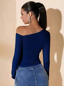 Women's Minimalist Long-Sleeved Fitted T-Shirt With Asymmetrical Shoulder, For Everyday Wear, Autumn/Winter/Summer - 藏蓝色 - 查看 3
