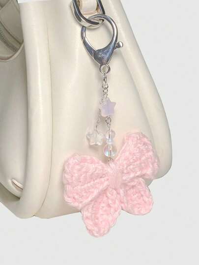 Gentle Girl Style Knitted Bow & Star Keychain, Versatile Bag Charm, Niche Design Pendant Accessories Keychains Travel Teacher Gift Birthday Gift Charms Key Chain Bag Charms Festival Accessaries