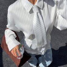 Chic Women's Pinstripe Tie Neck Blouse With Collared Neck And Long Sleeves Perfect For Work Or Dressy Everyday Style Long Sleeved Shirt Striped Shirt Vintage Shirt Collar Shirt White Top White Blouse Spring - Blanco - Ver 3