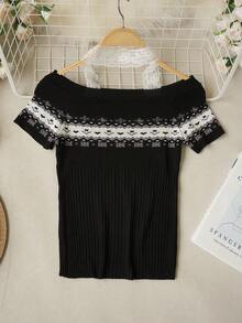 2026 Summer New Sweet Delicate Off-Shoulder Jacquard Knit Top, Girly Halter Lace Fitted Top - Black - View 7