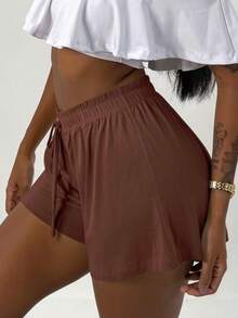 Women's Loose-Fitting High-Waisted Shorts, Comfortable, Lightweight, And Cool, With Elastic Waistband, Viscose/Lycra Knit Fabric, Breeze Style - 鏽棕色 - 查看 2