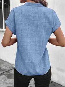 Camisa casual de mujer de manga corta con cuello entallado de unicolor, para verano - Azul - Ver 2
