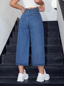 Jeans de pierna ancha recortado - Azul - Ver 3