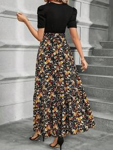 Vestido elegante de línea A con mangas abullonadas, decoración de lazo, diseño de bloques de color, cuello redondo, lavable a máquina, vestido casual para primavera/verano, adecuado para trabajo, fiesta, playa, vacaciones de lujo - Multicolor 3 - Ver 3