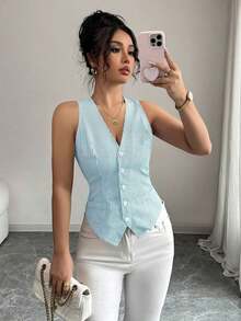 Chaleco casual de mujer de rayas minimalista de una sola hilera, adecuado para ir al trabajo y citas - Azul - Ver 7