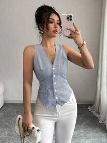 Camiseta de tirantes de mujer minimalista y de rayas con cuello en V y abotonadura sencilla para usar en la ciudad - Azul 2 - Ver 1
