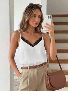 Camiseta de verano para mujer con estampado de leopardo marrón, de estilo minimalista, retro y elegante, versátil para uso diario o vacaciones.Camiseta de mujer con escote en V y encaje de contraste a la moda - Blanco y Negro - Ver 1