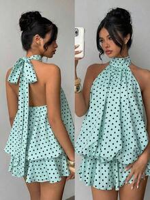 Vestido mini elegante de mujer con estampado de lunares y escote halter sin espalda - Verde - Ver 9