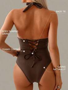 Traje de baño de una pieza con control de abdomen, estilo minimalista de unicolor, con escote halter y espalda descubierta, para vacaciones de verano en la playa - Marrón - Ver 2
