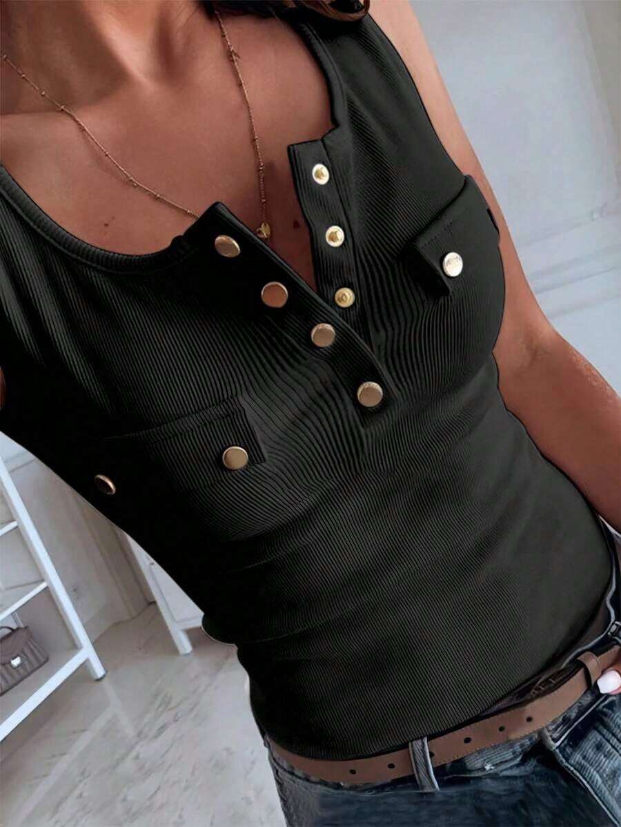 Chaleco ajustado casual de mujer con botones de metal texturizados - Negro - Ver 1