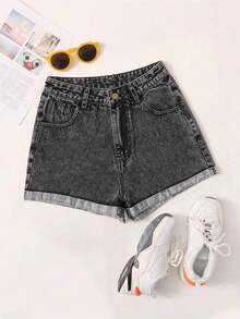 Pantalones cortos vaqueros de cintura alta enrollados para el verano - Gris - Ver 6