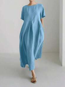 Vestido de lino suelto, casual, elegante y cómodo para mujer.Vestido largo suelto de manga corta, con bolsillo, cuello redondo y unicolor.Ajuste relajado para el verano - Azul - Ver 5