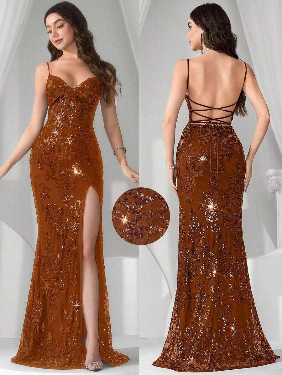 Vestido de noche con abertura alta en el muslo, con lentejuelas y diseño de patchwork, con espalda descubierta y silueta de sirena para mujer - Marrón - Ver 1