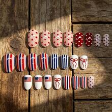 24Pcs Short Almond Press On Nails 4th Of July Independence Day Fake Nails 250Anniversary Nail Art Bow Striped Polka Dot Design America Flag Patriotic False Nails Reusable Stick On Nails For Women - ColorB - 查看 4