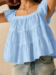 Blusa informal de mujer con volantes en el borde de unicolor - Celeste - Ver 7