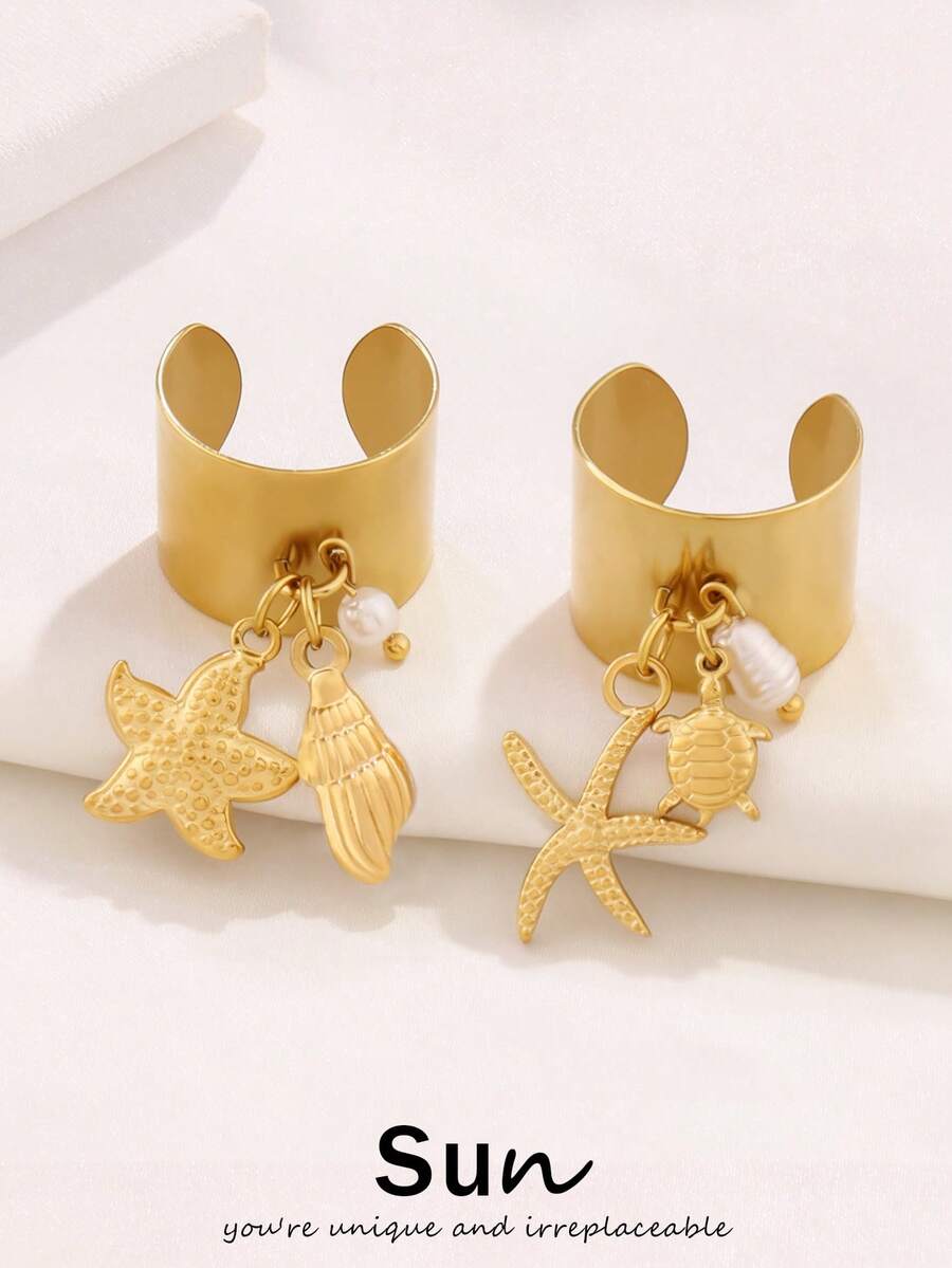 1pc Stainless Steel Starfish & Shell Open Ring, Fashion Gold Ocean Turtle Pearl Pendant Round Ring, Jewelry Gift For Women - Ocean Ring - View 1