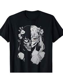 1 camiseta con diseño de chica anime gótica y calavera, 220 g, 100% algodón, manga corta, corte estándar, lavable a máquina, diseño de dibujos animados, sin bolsillo - Top de moda Harajuku Egirl, unisex, suave, transpirable, ligero - Cuello redondo, corte estándar - Lavable a máquina, cómoda camiseta de manga corta con estampado gráfico y cuello redondo, negra, disponible en tallas S a XXXL, ropa casual para Halloween, Día de la Igualdad de las Mujeres, Love Dog Festival, Día del Trabajo y temporada de regreso a clases - Cultura japonesa de los demonios - Negro - Ver 8