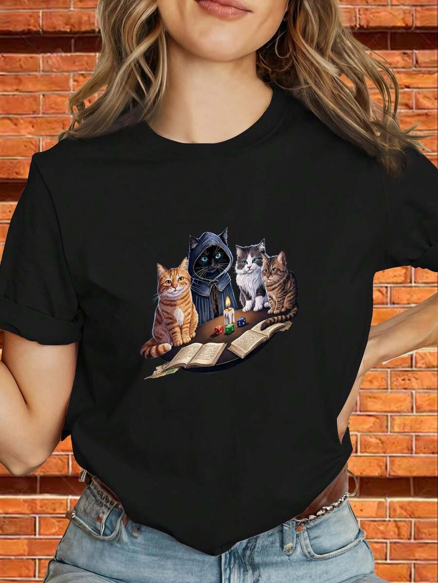 Women's Y2K Style Geometric Logo Print T-Shirt With 'Whimsical Cats' Design - Slim Fit Short Sleeve Top, Casual Black And Gold Summer T-Shirt, Machine Washable Stretch Fabric (Wrinkle Free), Suitable For Women's Casual Outfits And Layering - 黑色 - 查看 1
